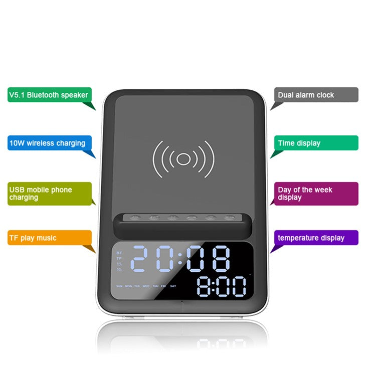 AFK BT512 LED Digital Display Alarm Clock Bluetooth Speaker FM Radio Mobile Phone Wireless Charger (CE Certificated)