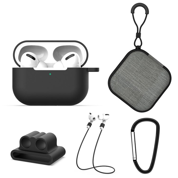 Headphone Lanyard+Portable Hook+Cloth Bag+Fixed Part Silicone Case for Airpods Pro - Black