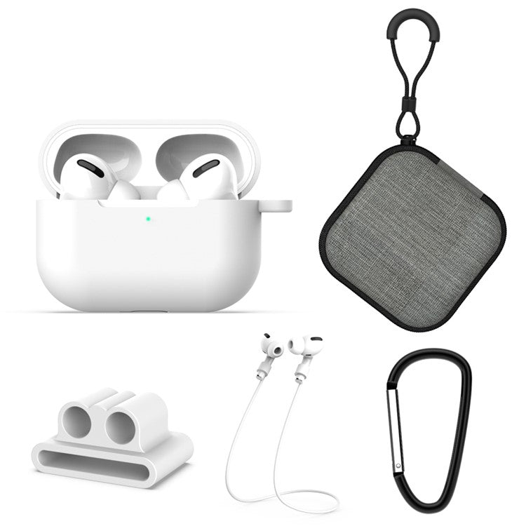 Headphone Lanyard+Portable Hook+Cloth Bag+Fixed Part Silicone Case for Airpods Pro - White