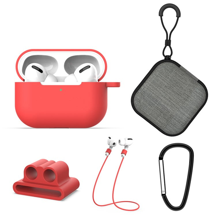 Headphone Lanyard+Portable Hook+Cloth Bag+Fixed Part Silicone Case for Airpods Pro - Red