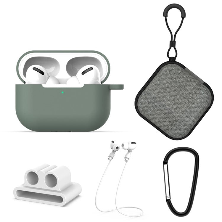 Headphone Lanyard+Portable Hook+Cloth Bag+Fixed Part Silicone Case for Airpods Pro - Green