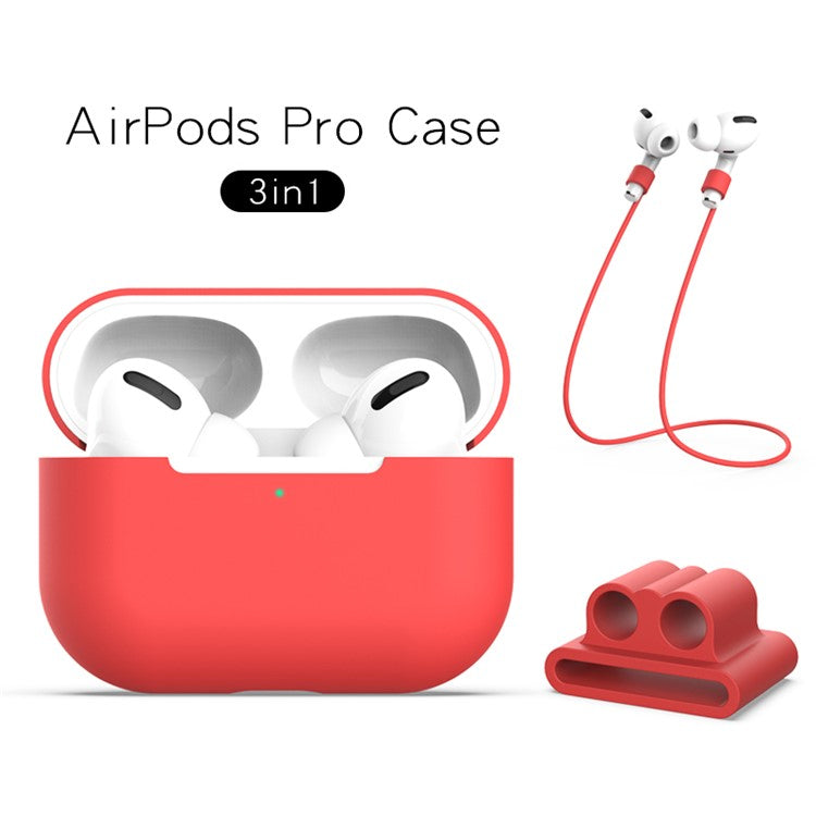 Silicone Case with Strap+Fixed Part for Apple AirPods Pro - Red