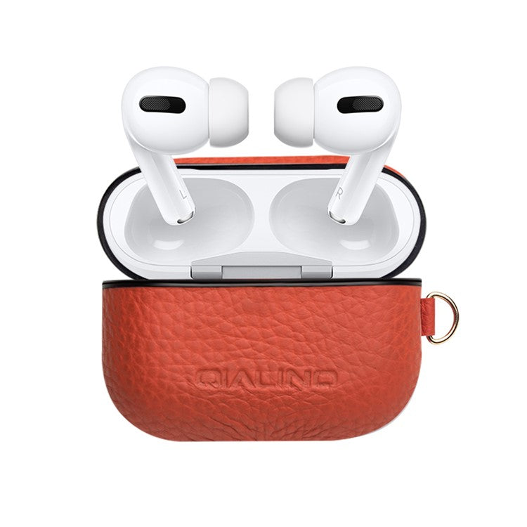 QIALINO For Apple AirPods Pro Shockproof Style Earphone Charging Box Protective Cover Cowhide Leather Case - Orange