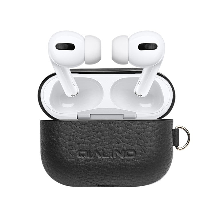 QIALINO For Apple AirPods Pro Shockproof Style Earphone Charging Box Protective Cover Cowhide Leather Case - Black