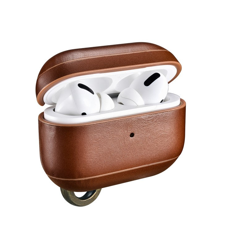 ICARER Retro Style Genuine Leather Earphone Protective Cover Case with Hanging Ring Buckle for Apple AirPods Pro - Dark Brown