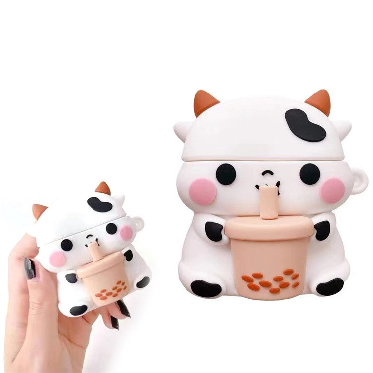 Cartoon Design Silicone Cover Case Bluetooth Earphone Protector for AirPods with Wireless Charging Case (2019)/AirPods with Charging Case (2019)/(2016) - Milk Tea Cow