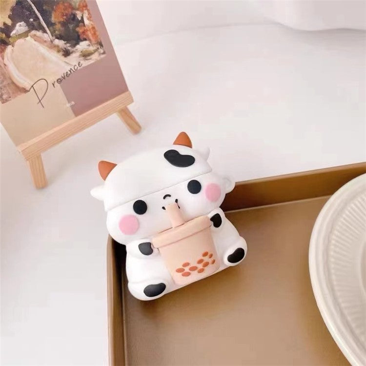 Cartoon Design Silicone Cover Case Bluetooth Earphone Protector for AirPods with Wireless Charging Case (2019)/AirPods with Charging Case (2019)/(2016) - Milk Tea Cow