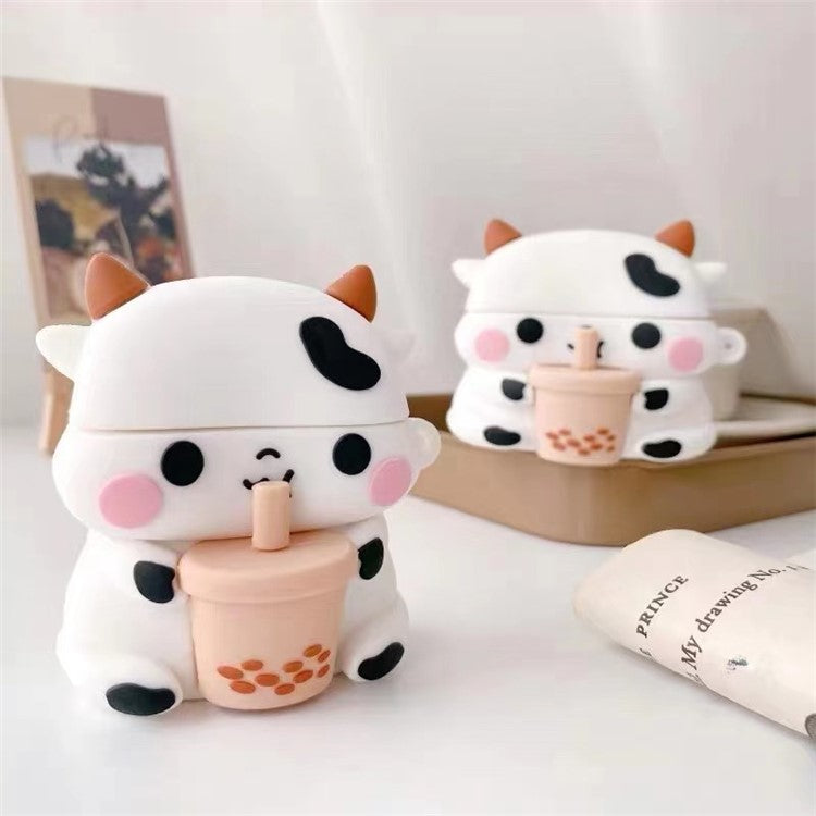 Cartoon Design Silicone Cover Case Bluetooth Earphone Protector for AirPods with Wireless Charging Case (2019)/AirPods with Charging Case (2019)/(2016) - Milk Tea Cow