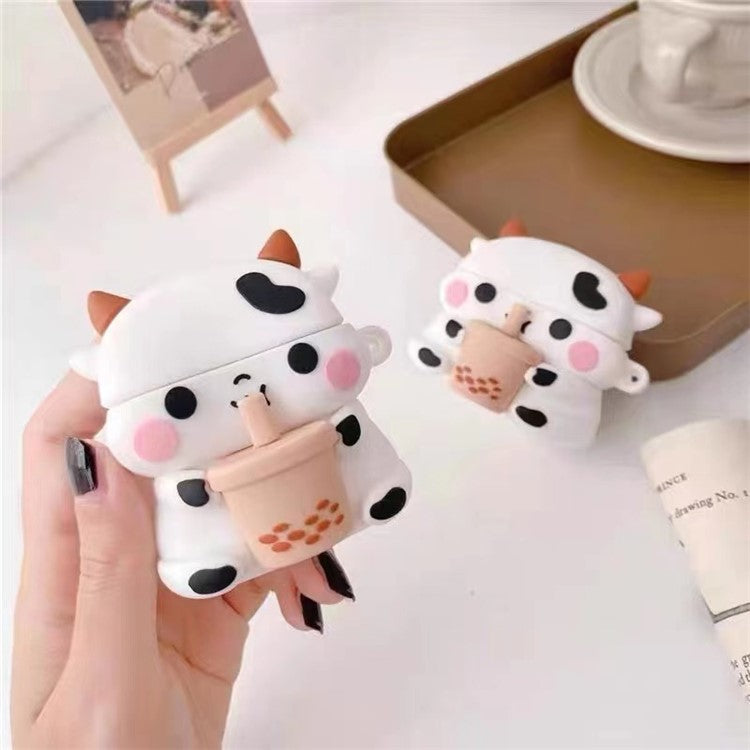 Cartoon Design Silicone Cover Case Bluetooth Earphone Protector for AirPods with Wireless Charging Case (2019)/AirPods with Charging Case (2019)/(2016) - Milk Tea Cow