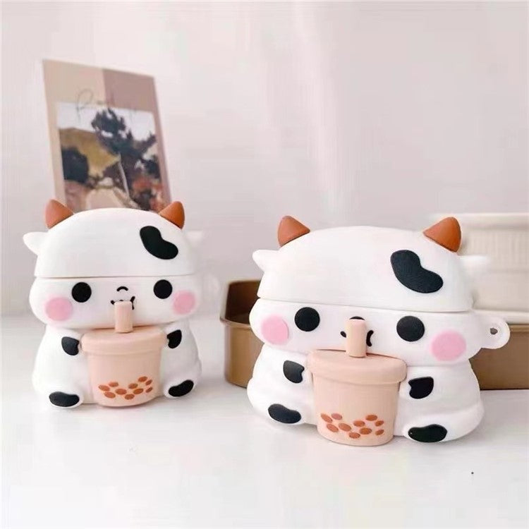 Cartoon Design Silicone Cover Case Bluetooth Earphone Protector for AirPods with Wireless Charging Case (2019)/AirPods with Charging Case (2019)/(2016) - Milk Tea Cow