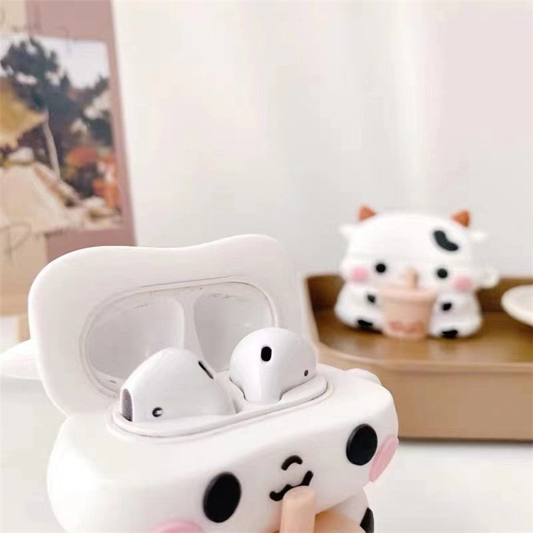 Cartoon Design Silicone Cover Case Bluetooth Earphone Protector for AirPods with Wireless Charging Case (2019)/AirPods with Charging Case (2019)/(2016) - Milk Tea Cow