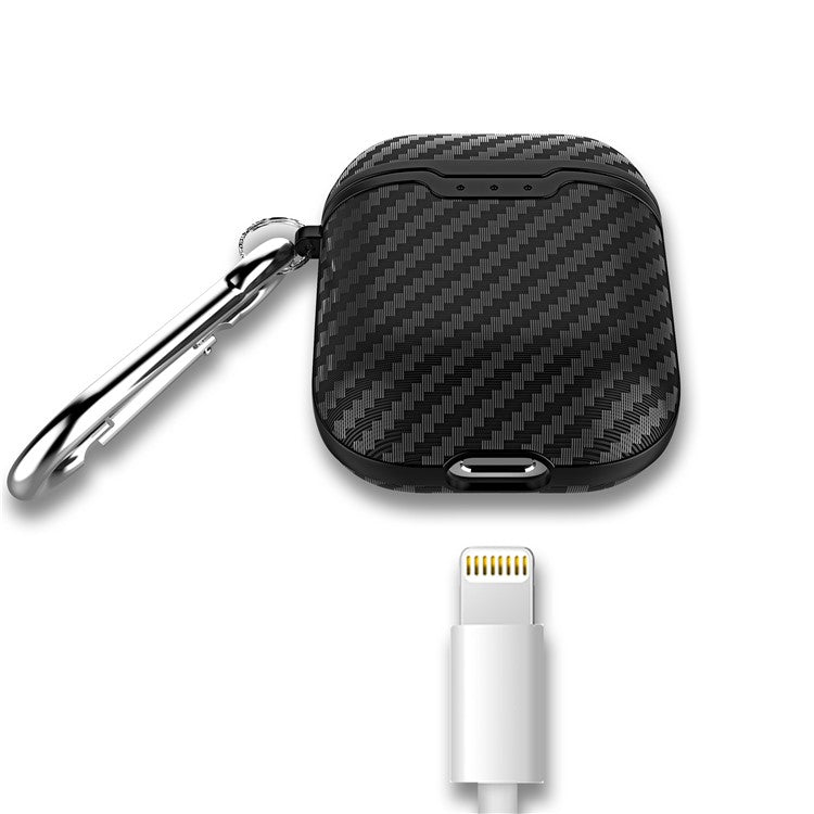 Carbon Fiber Texture TPU Protective Case for AirPods with Charging Case (2016) with Carabiner - Black