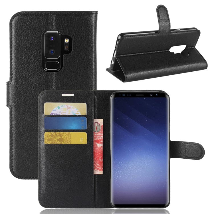 Litchi Skin Magnetic Leather Stand Cover for Samsung Galaxy S9+ G965 Wallet Design Phone Case - Black