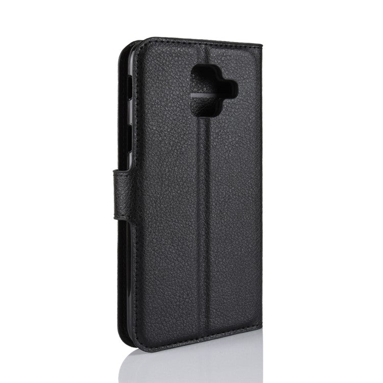 Litchi Skin Leather Wallet Case Phone Shell for Samsung Galaxy A6 (2018) Adjustable Stand Design Phone Accessory - Black