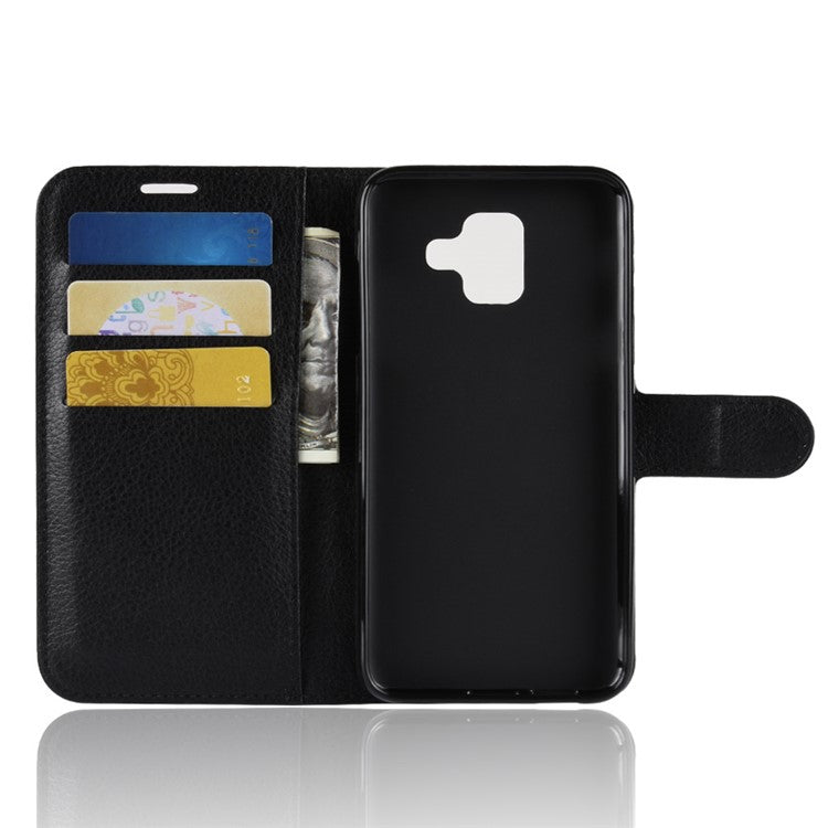 Litchi Skin Leather Wallet Case Phone Shell for Samsung Galaxy A6 (2018) Adjustable Stand Design Phone Accessory - Black