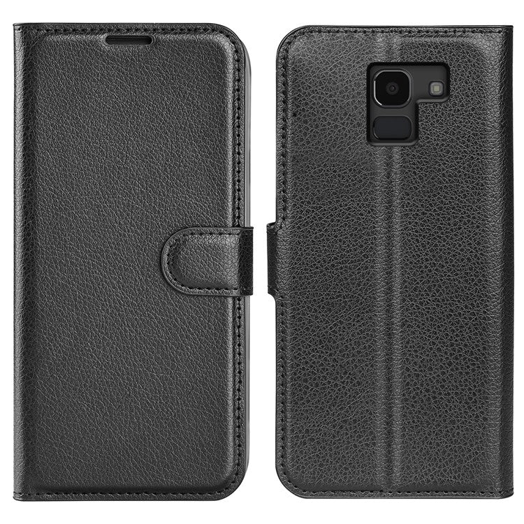 Litchi Skin Leather Stand Cover with Card Slots for Samsung Galaxy J6 (2018) Magnetic Clasp Closure - Black