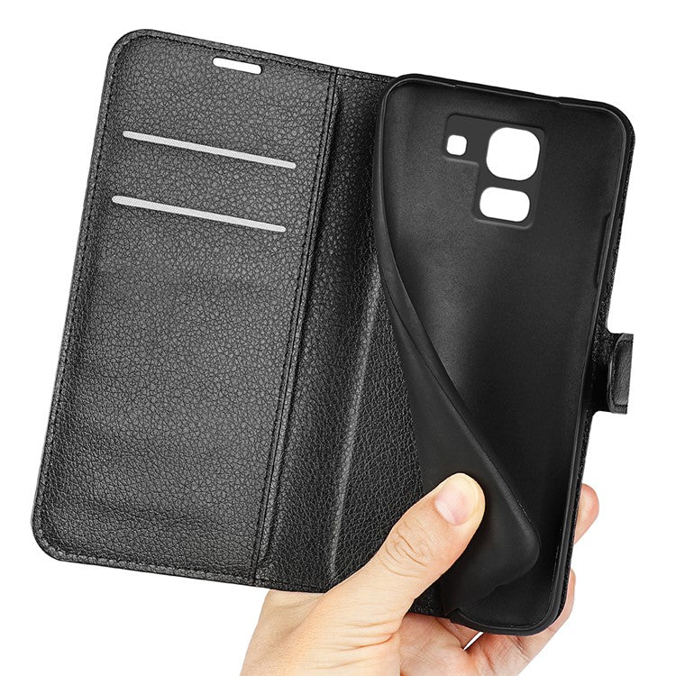 Litchi Skin Leather Stand Cover with Card Slots for Samsung Galaxy J6 (2018) Magnetic Clasp Closure - Black