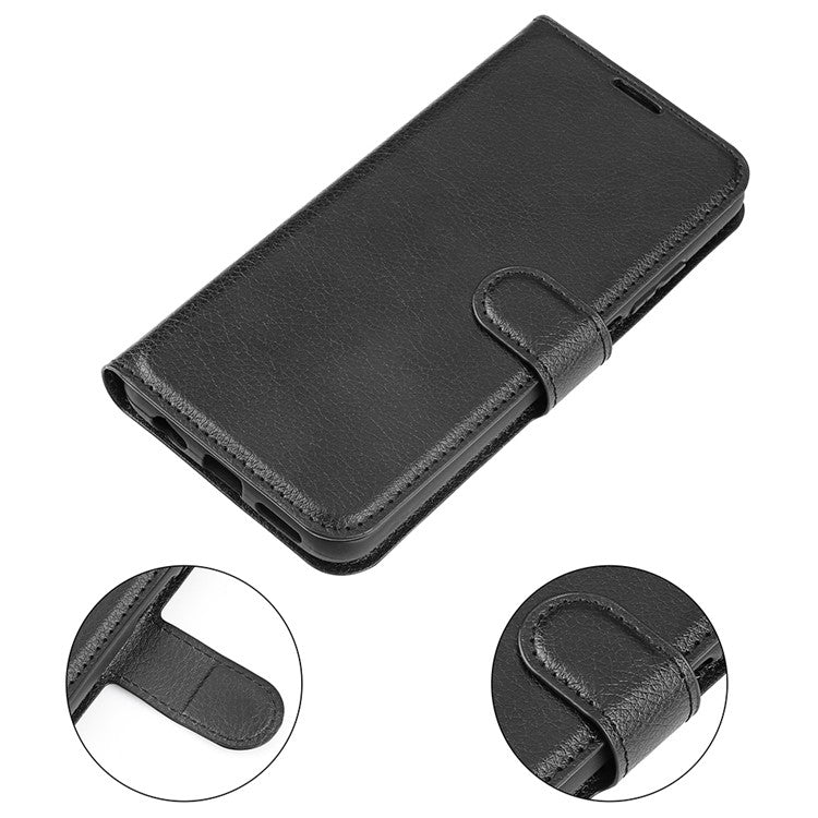 Litchi Skin Leather Stand Cover with Card Slots for Samsung Galaxy J6 (2018) Magnetic Clasp Closure - Black