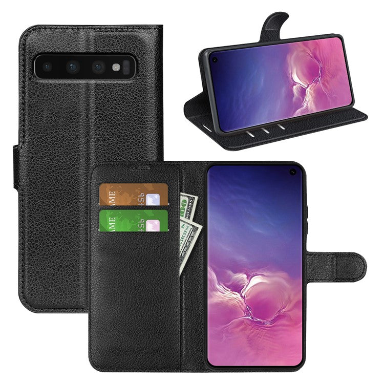 Litchi Skin Leather Stand Cover for Samsung Galaxy S10 with Folio Flip Wallet Magnetic Clasp Design - Black