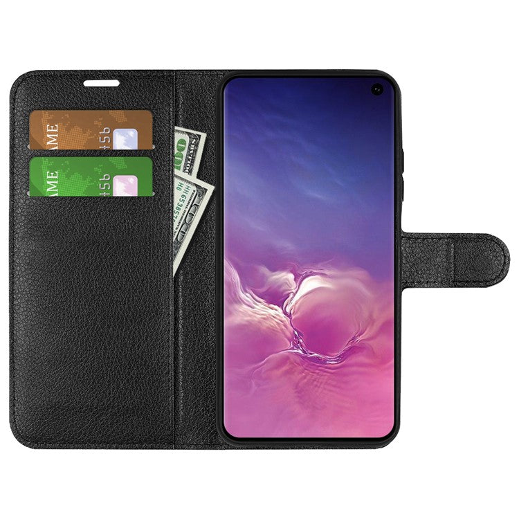 Litchi Skin Leather Stand Cover for Samsung Galaxy S10 with Folio Flip Wallet Magnetic Clasp Design - Black