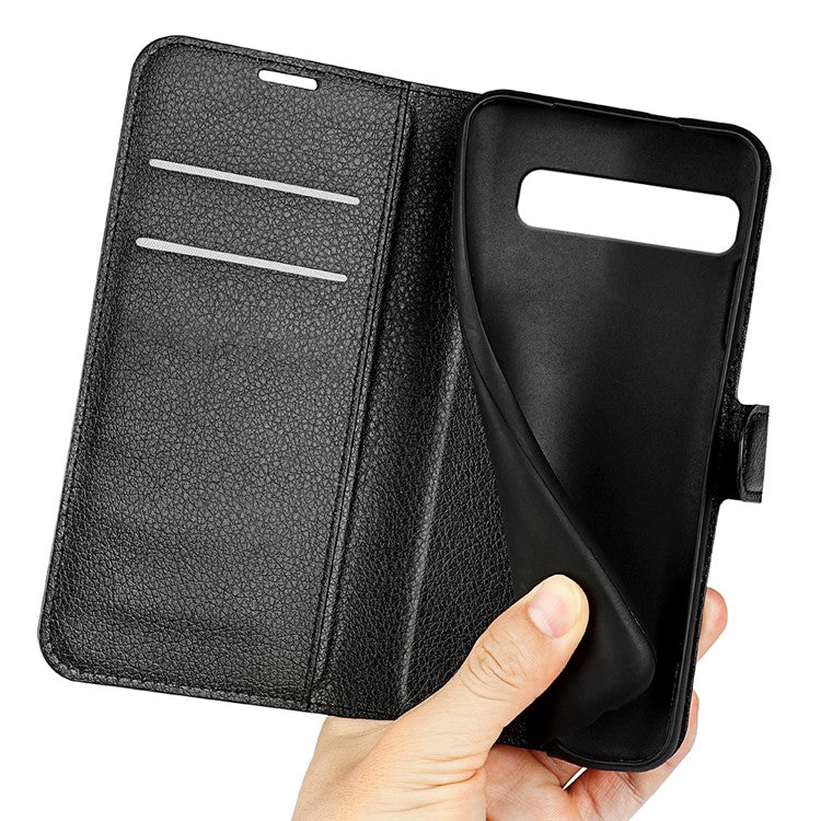 Litchi Skin Leather Stand Cover for Samsung Galaxy S10 with Folio Flip Wallet Magnetic Clasp Design - Black