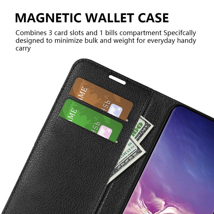 Litchi Skin Leather Stand Cover for Samsung Galaxy S10 with Folio Flip Wallet Magnetic Clasp Design - Black