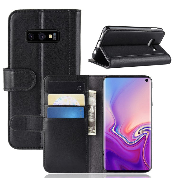 Split Leather Wallet Protection Flip Stand Case Cover for Samsung Galaxy S10e Mobile Phone Accessory - Black