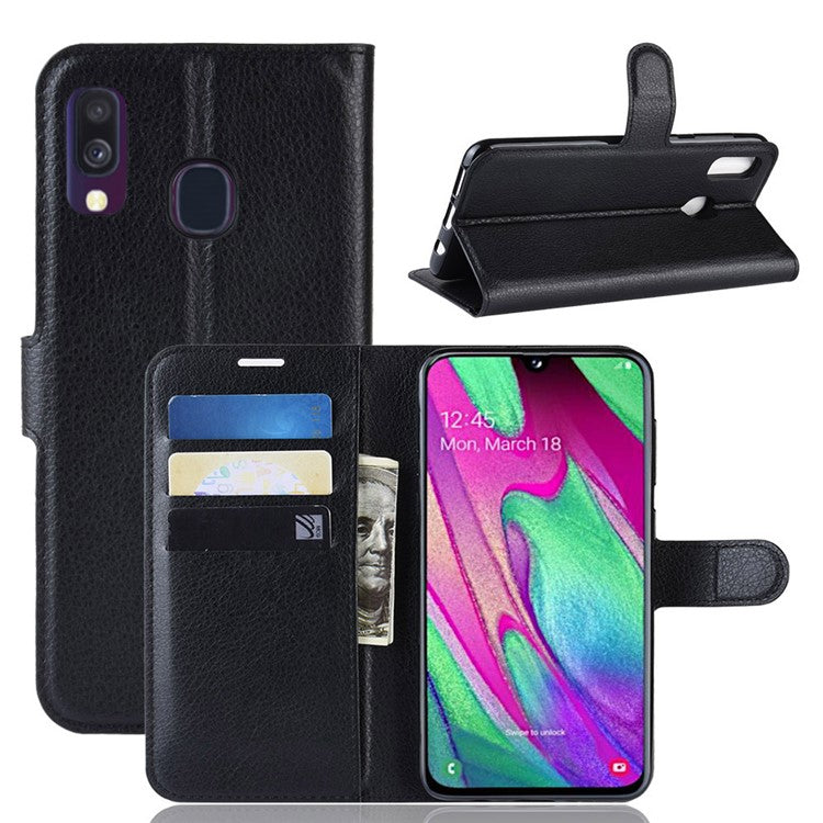 Litchi Skin PU Leather Phone Cover Shell with 3 Card Slots for Samsung Galaxy A40 Cell Phone Accessory - Black