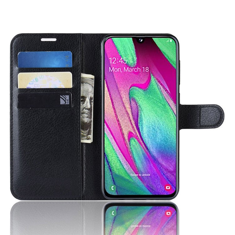 Litchi Skin PU Leather Phone Cover Shell with 3 Card Slots for Samsung Galaxy A40 Cell Phone Accessory - Black