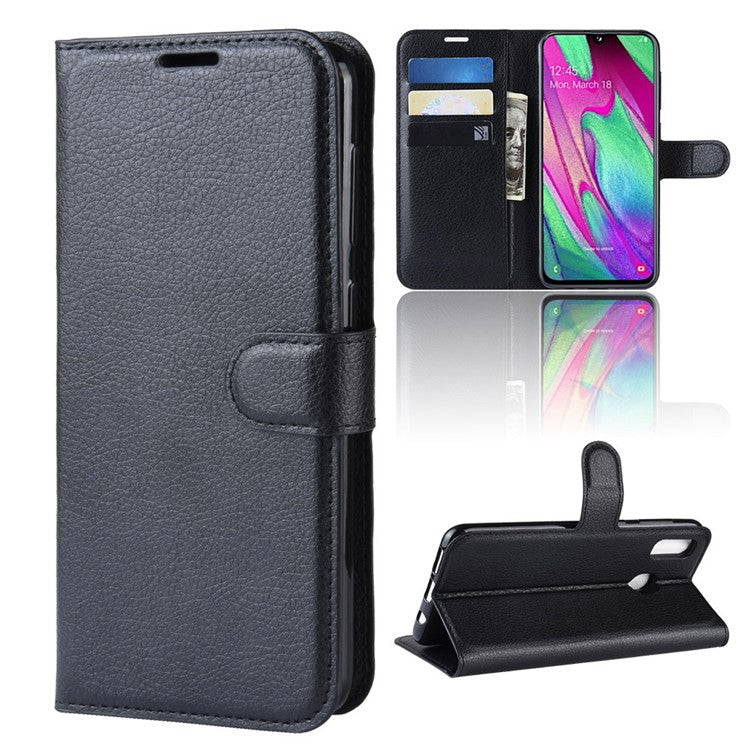 Litchi Skin PU Leather Phone Cover Shell with 3 Card Slots for Samsung Galaxy A40 Cell Phone Accessory - Black