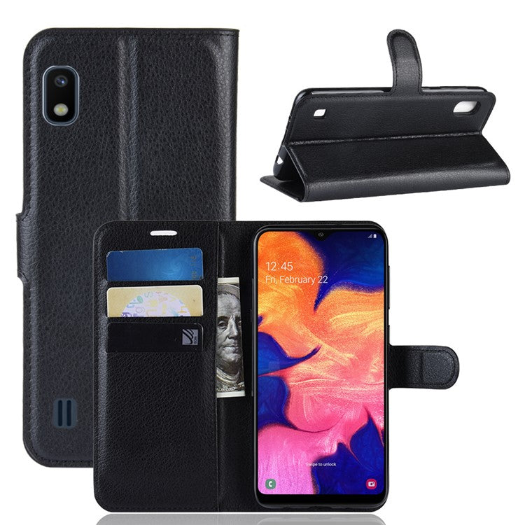 Litchi Skin PU Leather Wallet Mobile Phone Case for Samsung Galaxy A10 - Black