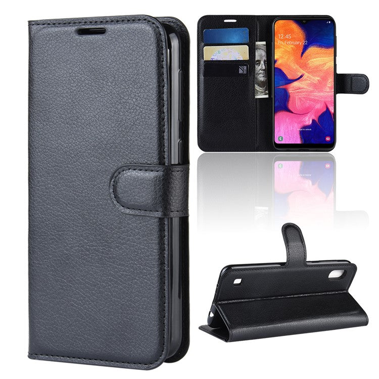 Litchi Skin PU Leather Wallet Mobile Phone Case for Samsung Galaxy A10 - Black