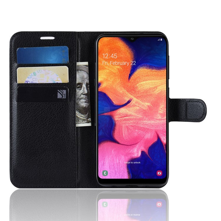 Litchi Skin PU Leather Wallet Mobile Phone Case for Samsung Galaxy A10 - Black