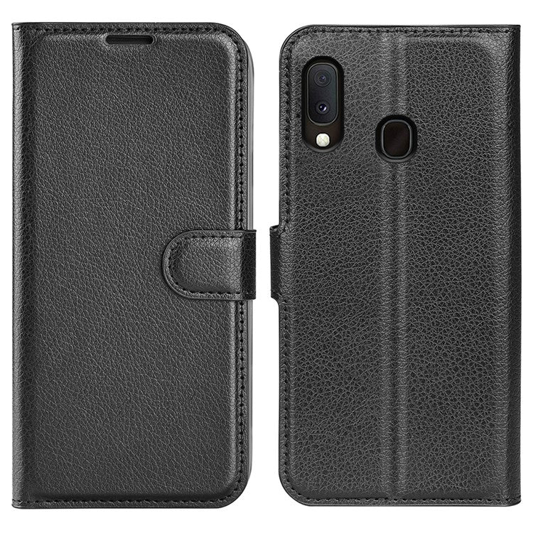 Litchi Texture Wallet Stand Leather Protective Phone Casing for Samsung Galaxy A20e - Black