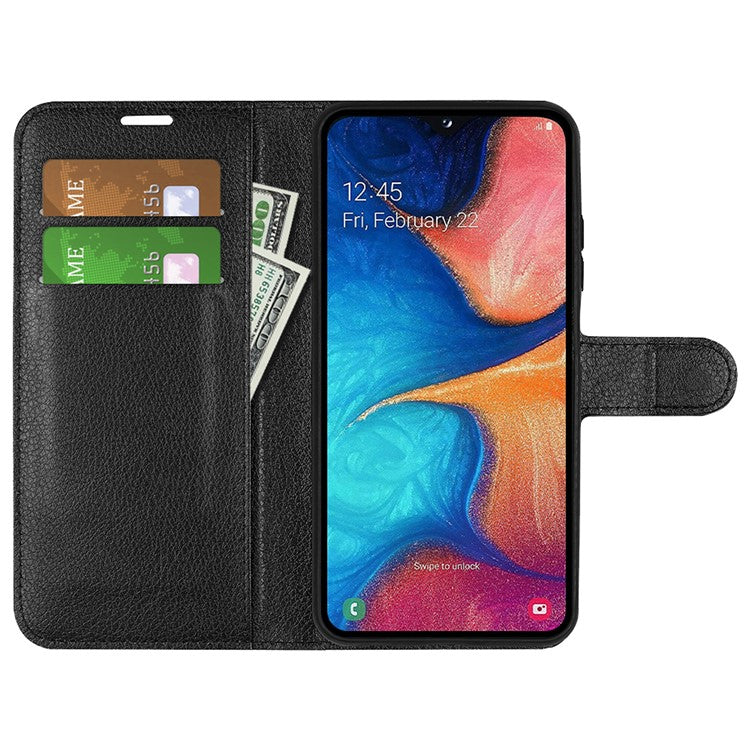 Litchi Texture Wallet Stand Leather Protective Phone Casing for Samsung Galaxy A20e - Black