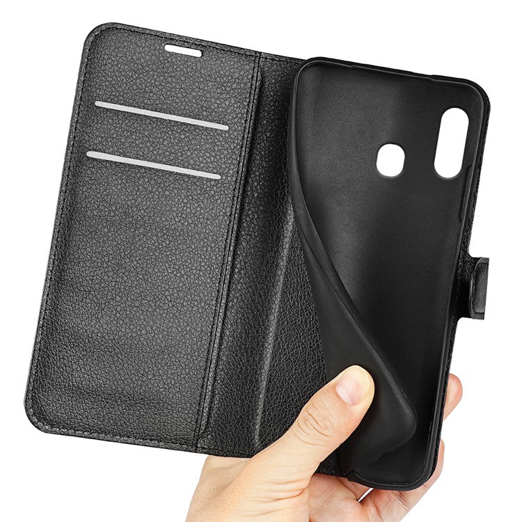 Litchi Texture Wallet Stand Leather Protective Phone Casing for Samsung Galaxy A20e - Black