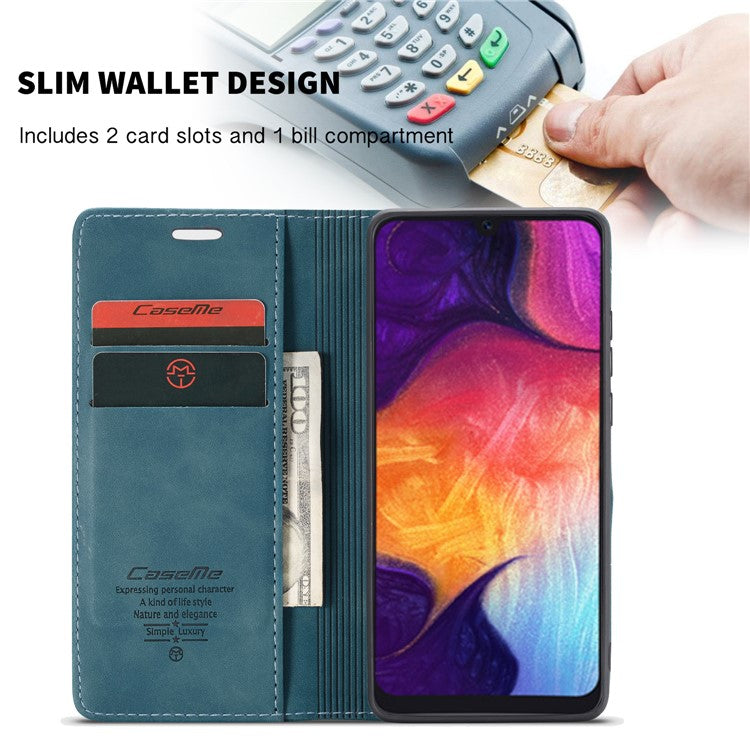 CASEME 013 Series Auto-absorbed Leather Wallet Case for Samsung Galaxy A50 - Blue