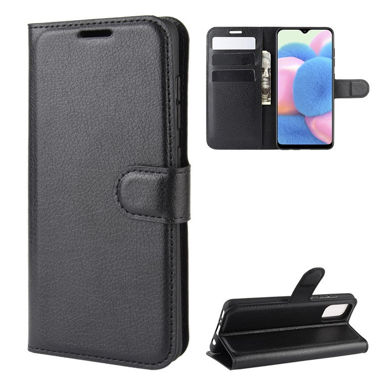 Litchi Texture PU Leather Magnetic Flip Stand Wallet Phone Case for Galaxy A41 (Global Version) - Black