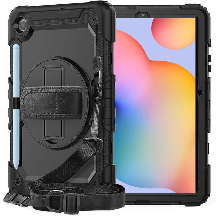 For Samsung Galaxy Tab S6 Lite P610 / P615 / S6 Lite (2022) Rotary Kickstand Hand Strap PC + Thickened Silicone Tablet Case with Shoulder Strap - All Black