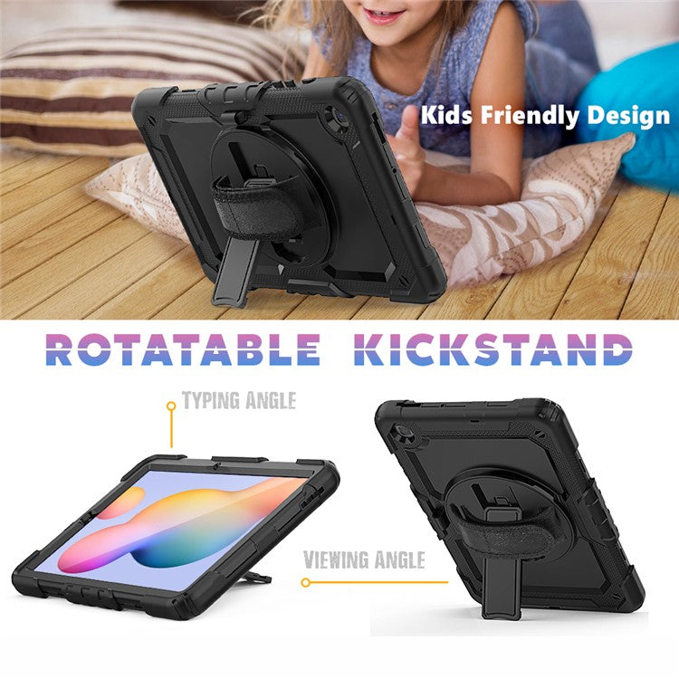 For Samsung Galaxy Tab S6 Lite P610 / P615 / S6 Lite (2022) Rotary Kickstand Hand Strap PC + Thickened Silicone Tablet Case with Shoulder Strap - All Black