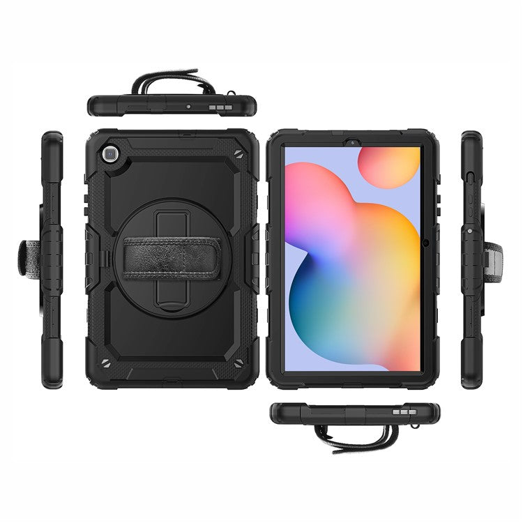 For Samsung Galaxy Tab S6 Lite P610 / P615 / S6 Lite (2022) Rotary Kickstand Hand Strap PC + Thickened Silicone Tablet Case with Shoulder Strap - All Black