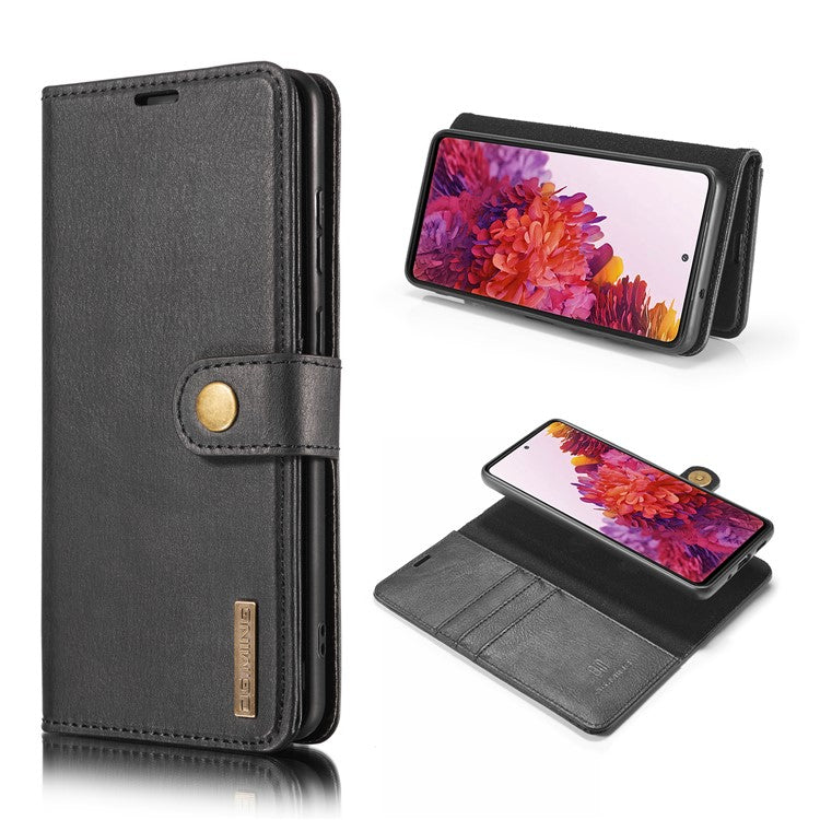 DG.MING Detachable 2-in-1 Split Leather Wallet Shell + PC Back Case for Samsung Galaxy S20 FE 4G / 5G / S20 Lite / S20 FE 2022 - Black