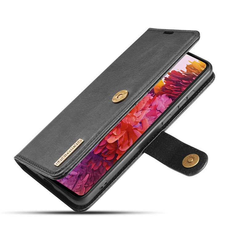 DG.MING Detachable 2-in-1 Split Leather Wallet Shell + PC Back Case for Samsung Galaxy S20 FE 4G / 5G / S20 Lite / S20 FE 2022 - Black