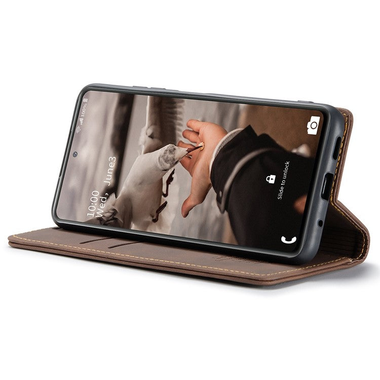 CASEME 013 Series Auto-absorbed Leather Folio Flip Stand Wallet Case for Samsung Galaxy S20 FE 4G/FE 5G/S20 Lite/S20 FE 2022/S20 FE 2022 - Coffee