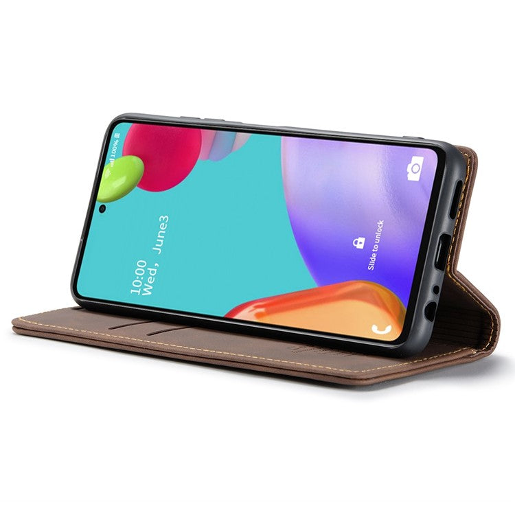 CASEME 013 Series Auto-absorbed Leather Wallet Stand Case Shell for Samsung Galaxy A52 5G/4G / A52s 5G - Coffee