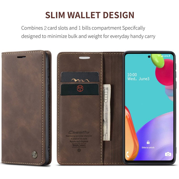 CASEME 013 Series Auto-absorbed Leather Wallet Stand Case Shell for Samsung Galaxy A52 5G/4G / A52s 5G - Coffee