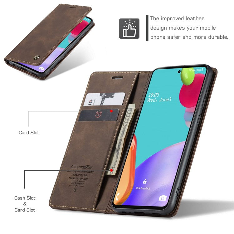 CASEME 013 Series Auto-absorbed Leather Wallet Stand Case Shell for Samsung Galaxy A52 5G/4G / A52s 5G - Coffee