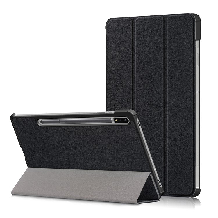 Tri-fold Stand Design Plain PU Leather Tablet Case Shell Protector for Samsung Galaxy Tab S7 FE T736 / Tab S7+ / Tab S8+ - Black