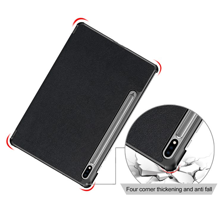 Tri-fold Stand Design Plain PU Leather Tablet Case Shell Protector for Samsung Galaxy Tab S7 FE T736 / Tab S7+ / Tab S8+ - Black