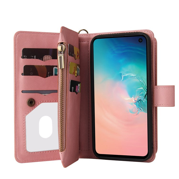 KT Multi-functional Series-2 Multiple Card Slots Folio Flip Phone Case for Samsung Galaxy S10e with Zipper Pocket and Stand - Pink